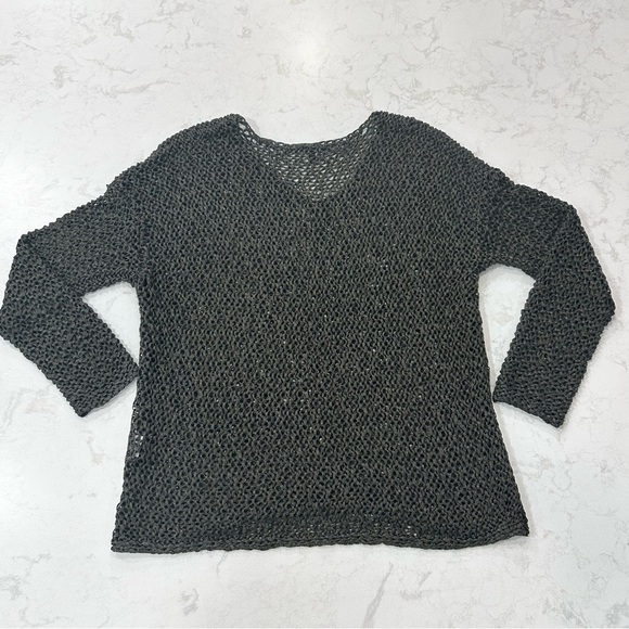 Eileen Fisher Viscose Long Sleeve Fishnet Knitted Grey Gold Shimmer Medium Top - Picture 4 of 9